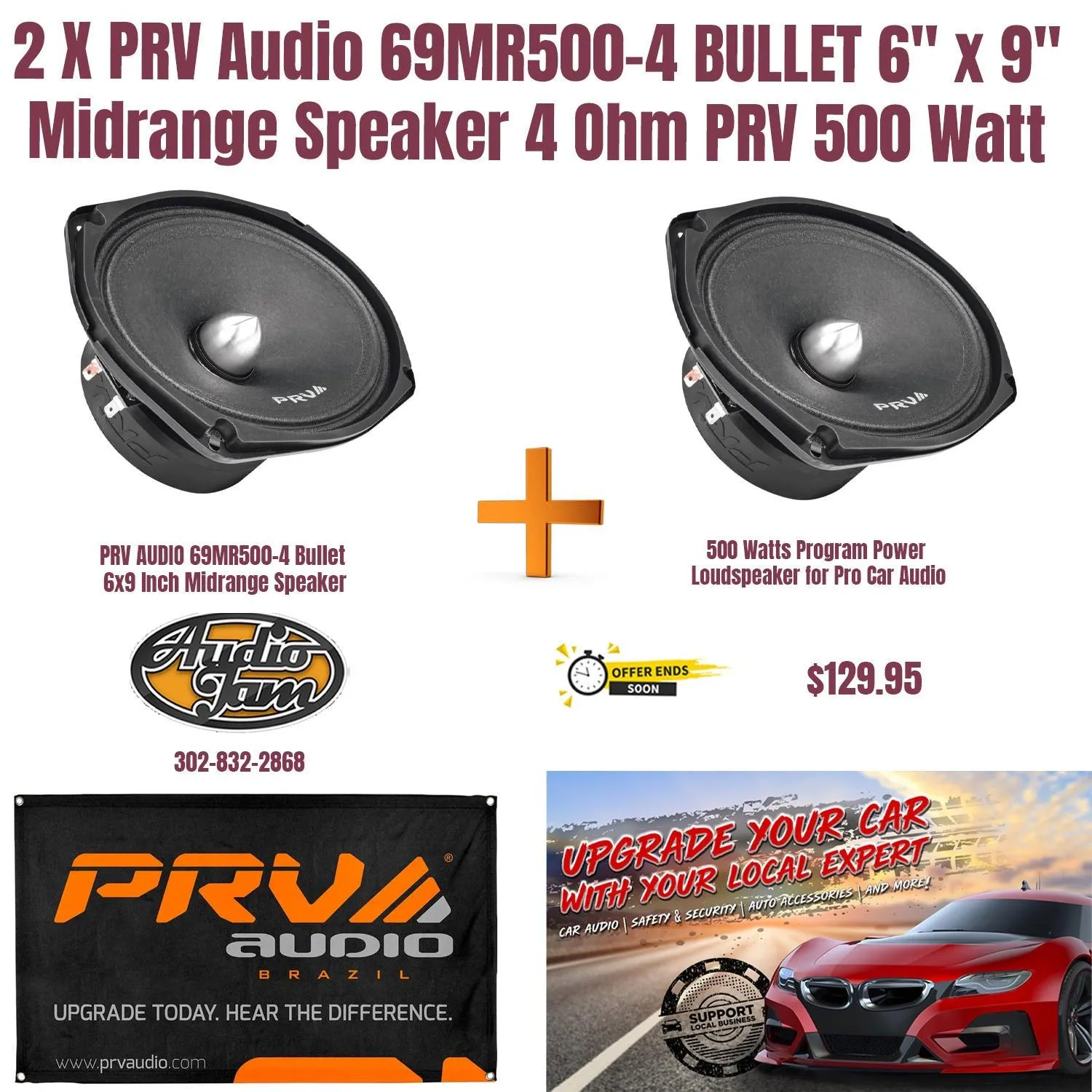 2 X PRV Audio 69MR500-4 BULLET 6" x 9" Midrange Speaker 4 Ohm 500 Watt