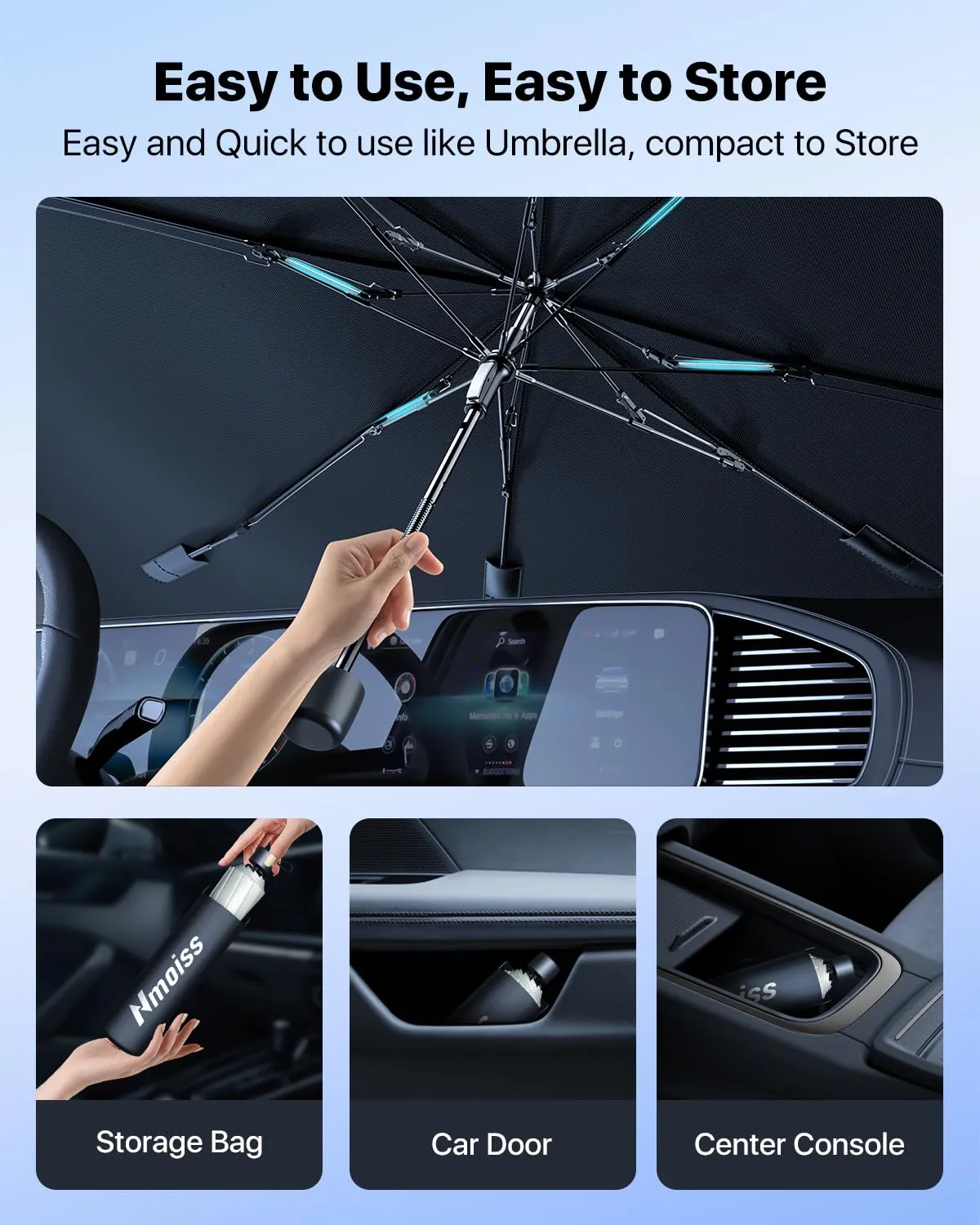 [2024 Upgrade] Nmoiss Windshield Sun Shade Umbrella for Car - [Newest Vinyl Coating] Protect Car from Sun Rays & Heat Damage Keep Cool and Protect Interior, Spring Structure Edge Medium (56"L x 31"W)