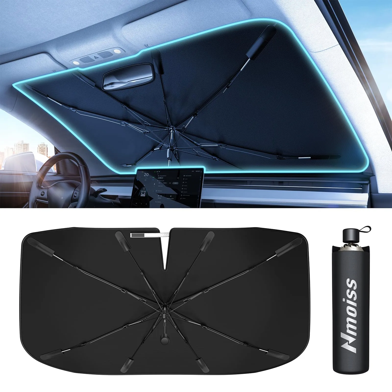 [2024 Upgrade] Nmoiss Windshield Sun Shade Umbrella for Car - [Newest Vinyl Coating] Protect Car from Sun Rays & Heat Damage Keep Cool and Protect Interior, Spring Structure Edge Medium (56"L x 31"W)