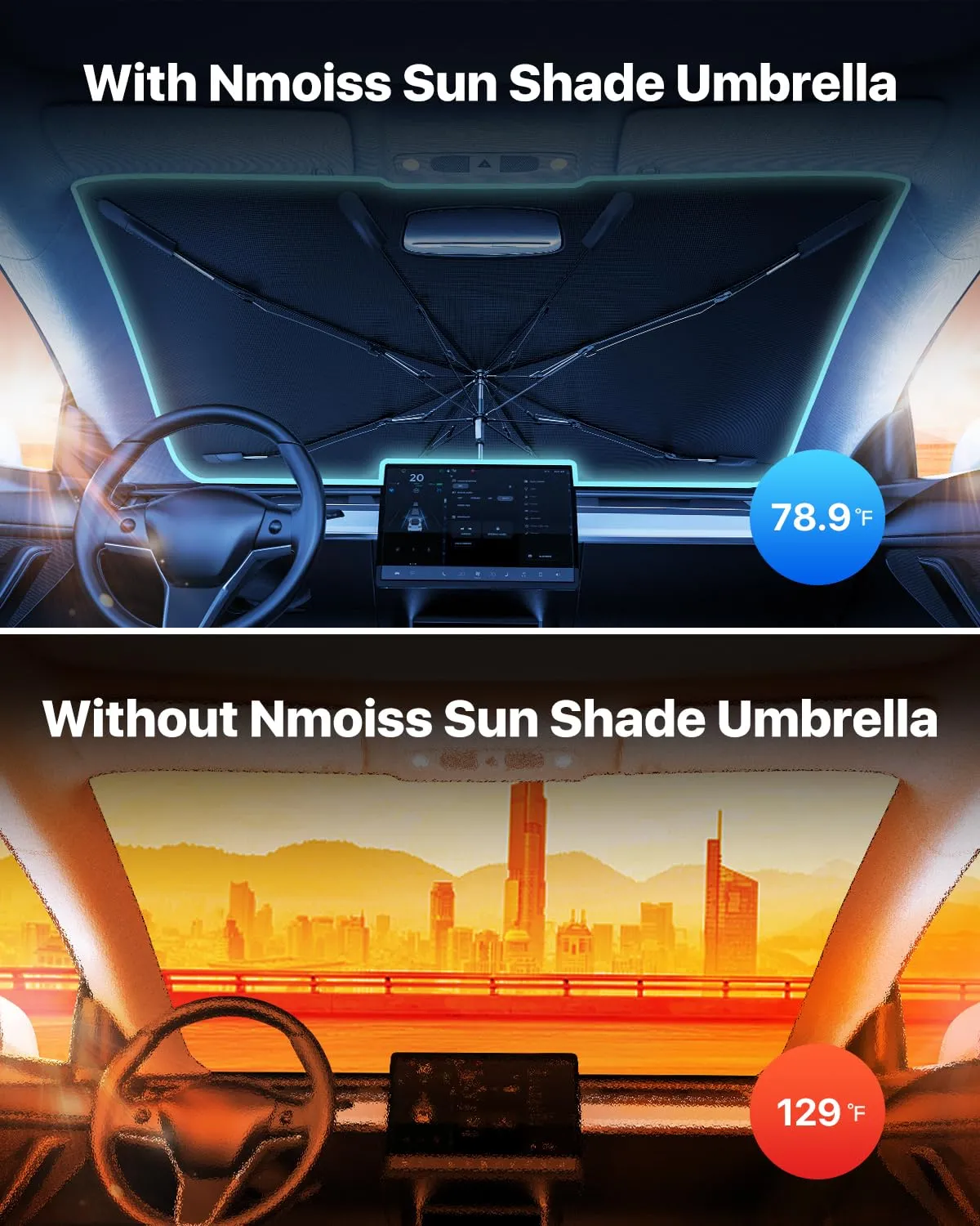 [2024 Upgrade] Nmoiss Windshield Sun Shade Umbrella for Car - [Newest Vinyl Coating] Protect Car from Sun Rays & Heat Damage Keep Cool and Protect Interior, Spring Structure Edge Medium (56"L x 31"W)