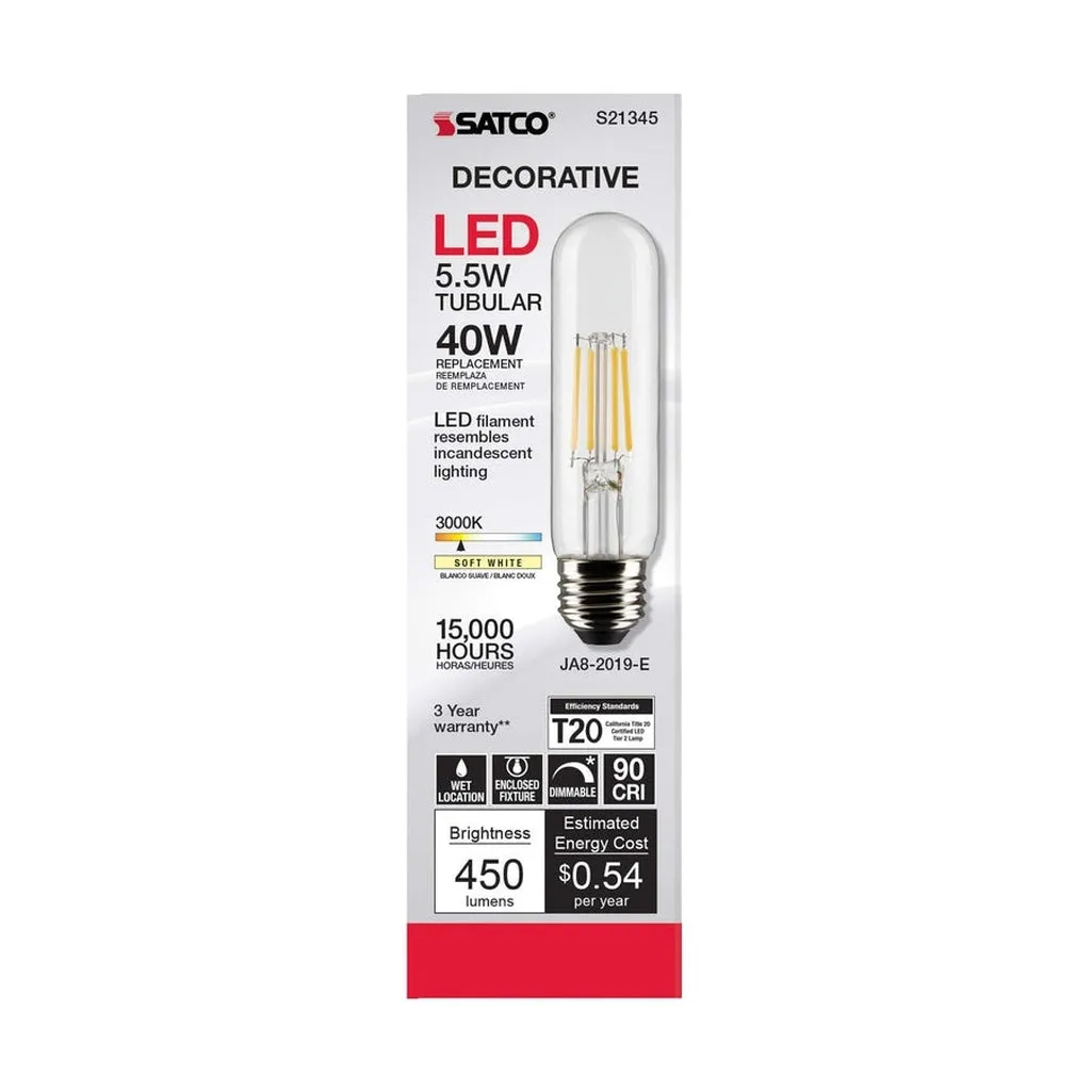 5.5W T10 LED - Clear - Medium base - 90 CRI - 3000K - 120V - 6PK