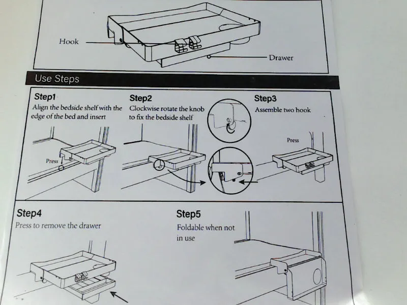 Adjustable Bedside Shelf with Drawer and Hooks Black 16cm