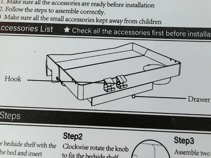 Adjustable Bedside Shelf with Drawer and Hooks Black 16cm