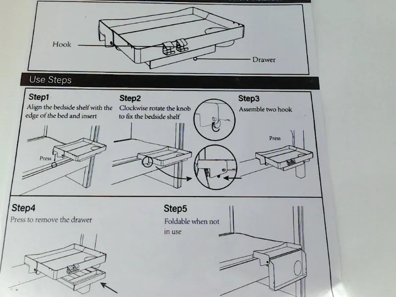 Adjustable Bedside Shelf with Drawer and Hooks Black 16cm