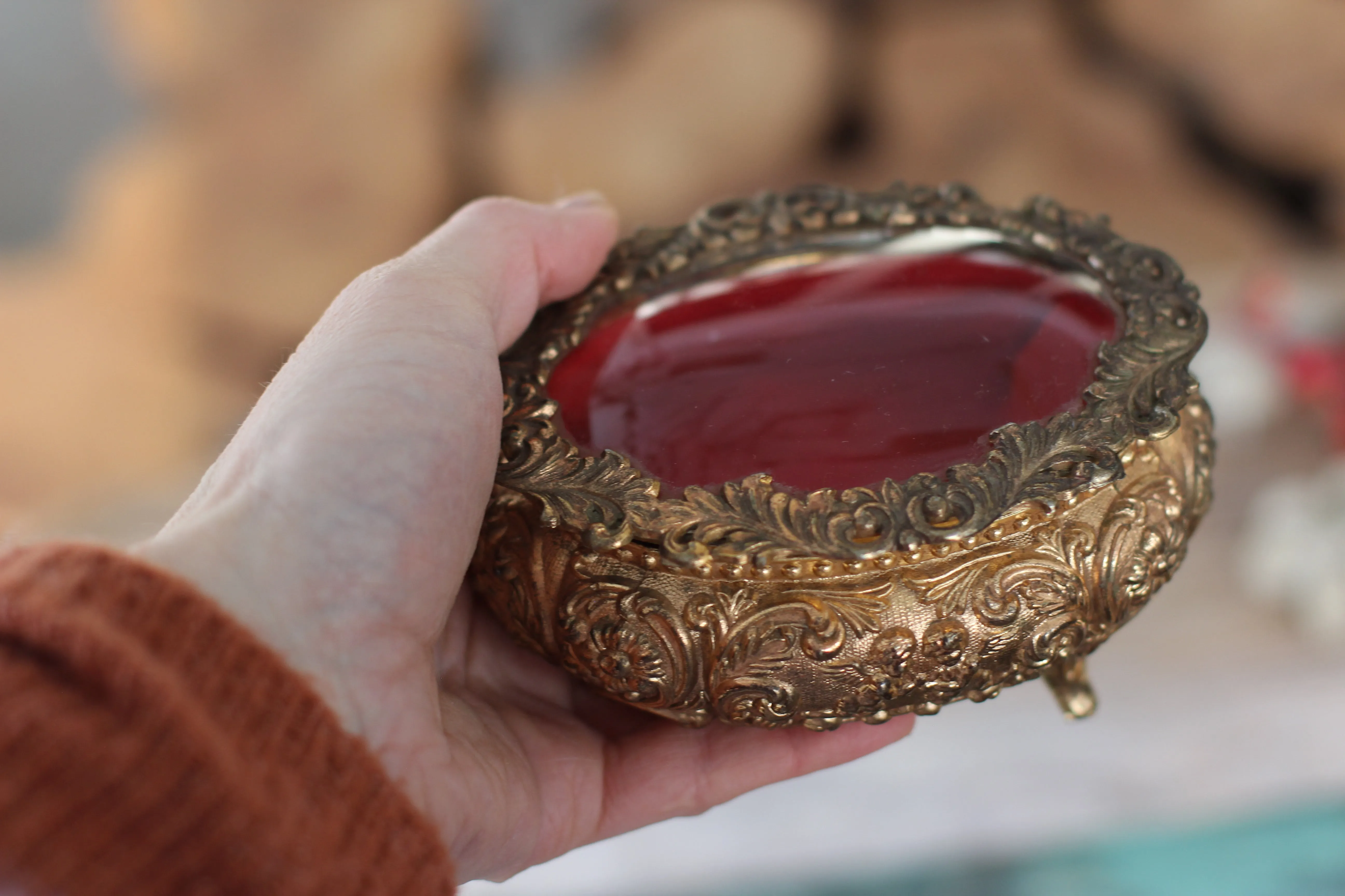 Antique Oval Bronze Glass Jewelry Box