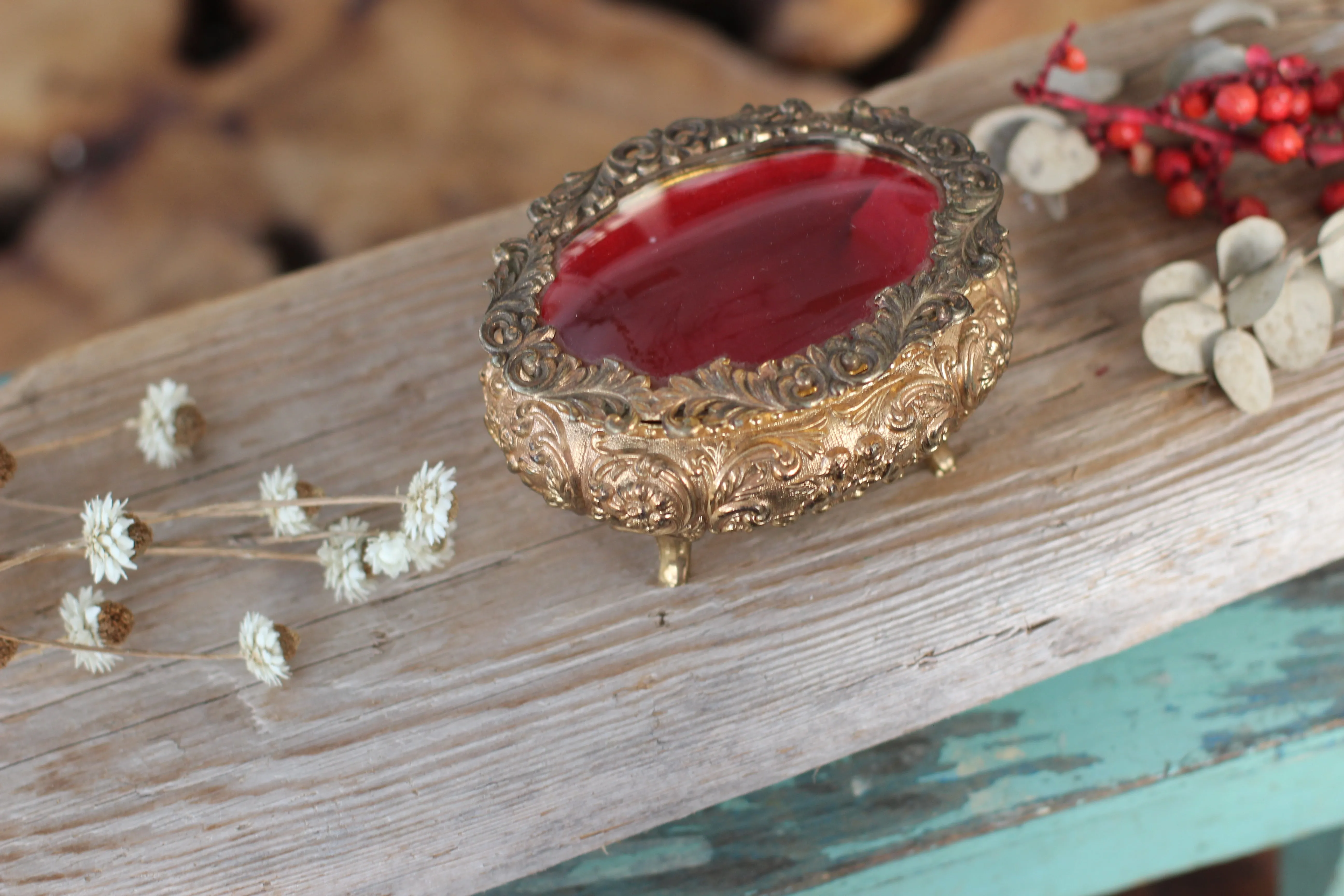 Antique Oval Bronze Glass Jewelry Box