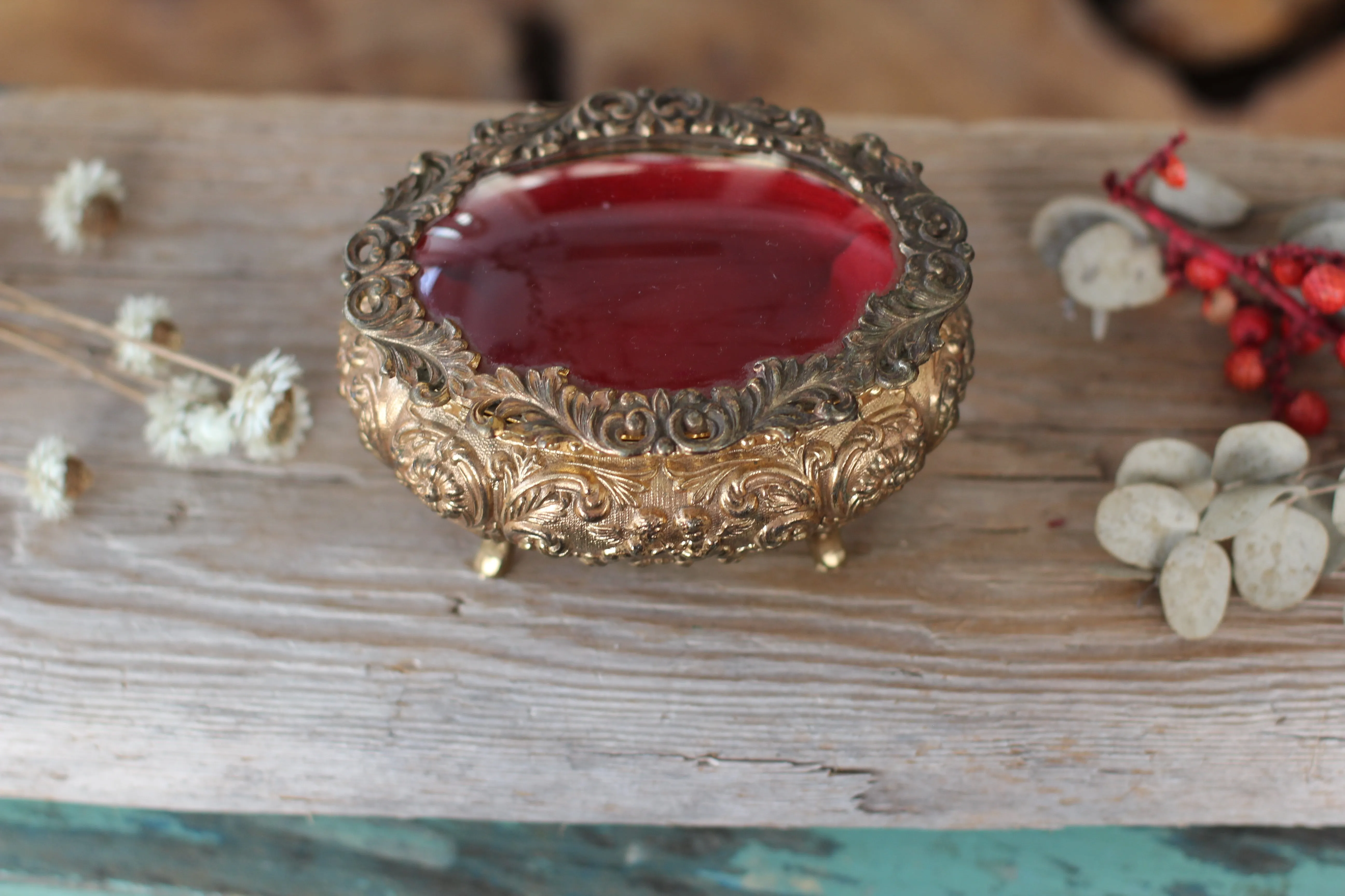 Antique Oval Bronze Glass Jewelry Box