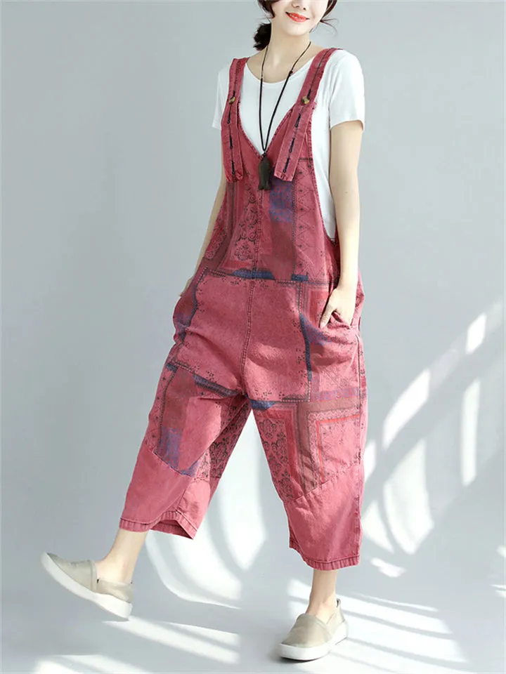 Casual V-neck Patchwork Denim Jumpsuits