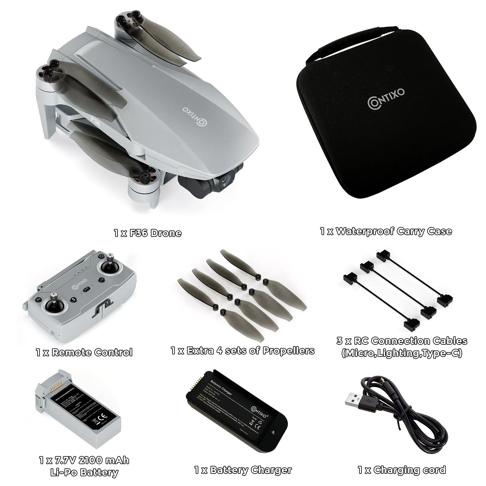 Contixo F36 Silver Horizon Remote Control FPV Foldable Drone with 4K HD Camera, 64GB MicroSD Card, & Carrying Case by Contixo