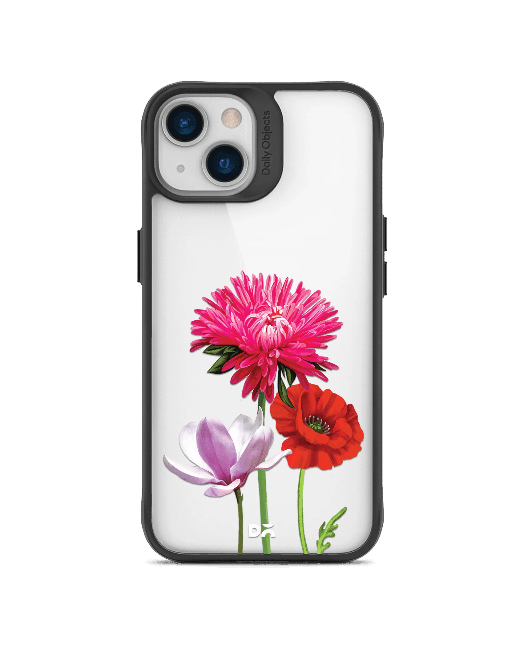 DailyObjects Clear Pink Red & White Flowers Black Hybrid Clear Case Cover For iPhone 13 Mini