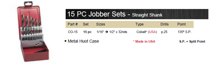 DRILL BIT SET JOBBER COBALT M42 135° 15 PIECE WITH METAL CASE