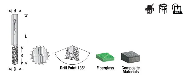 Drill Point Fiberglass & Composite Cutting CNC Router Bit | 135° 1⁄4 Dia x 3⁄4 x 1⁄4 Shank | 46098 | 738685046098