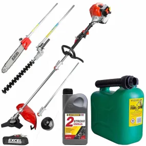 Excel 52cc Petrol 5 in 1 Garden Multi Tool with 2-Stroke Engine Oil & Fuel Can