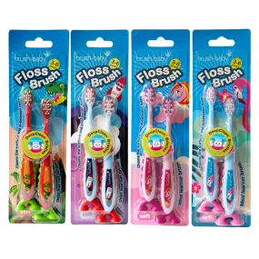 FlossBrush™ Bristles Toothbrushes Double Pack (3-6 Years) 4 Packs of Mixed Colors (Dinosaur, Unicorn, Rocket, Flamingo)