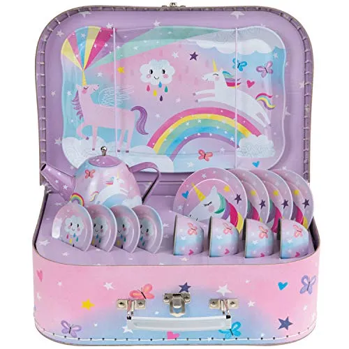 Jewelkeeper 15piece Unicorn Tin Tea Set Pretend Toy With Carrying Case Girls Gift