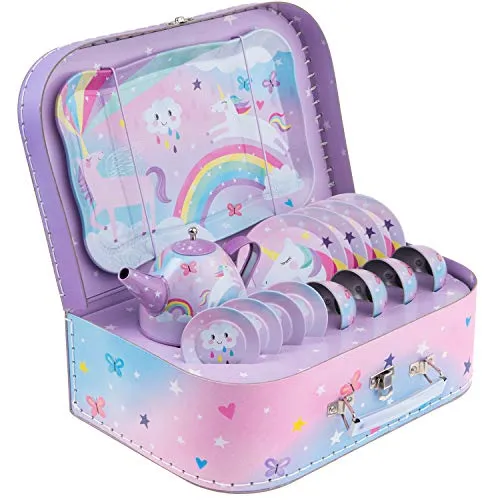 Jewelkeeper 15piece Unicorn Tin Tea Set Pretend Toy With Carrying Case Girls Gift