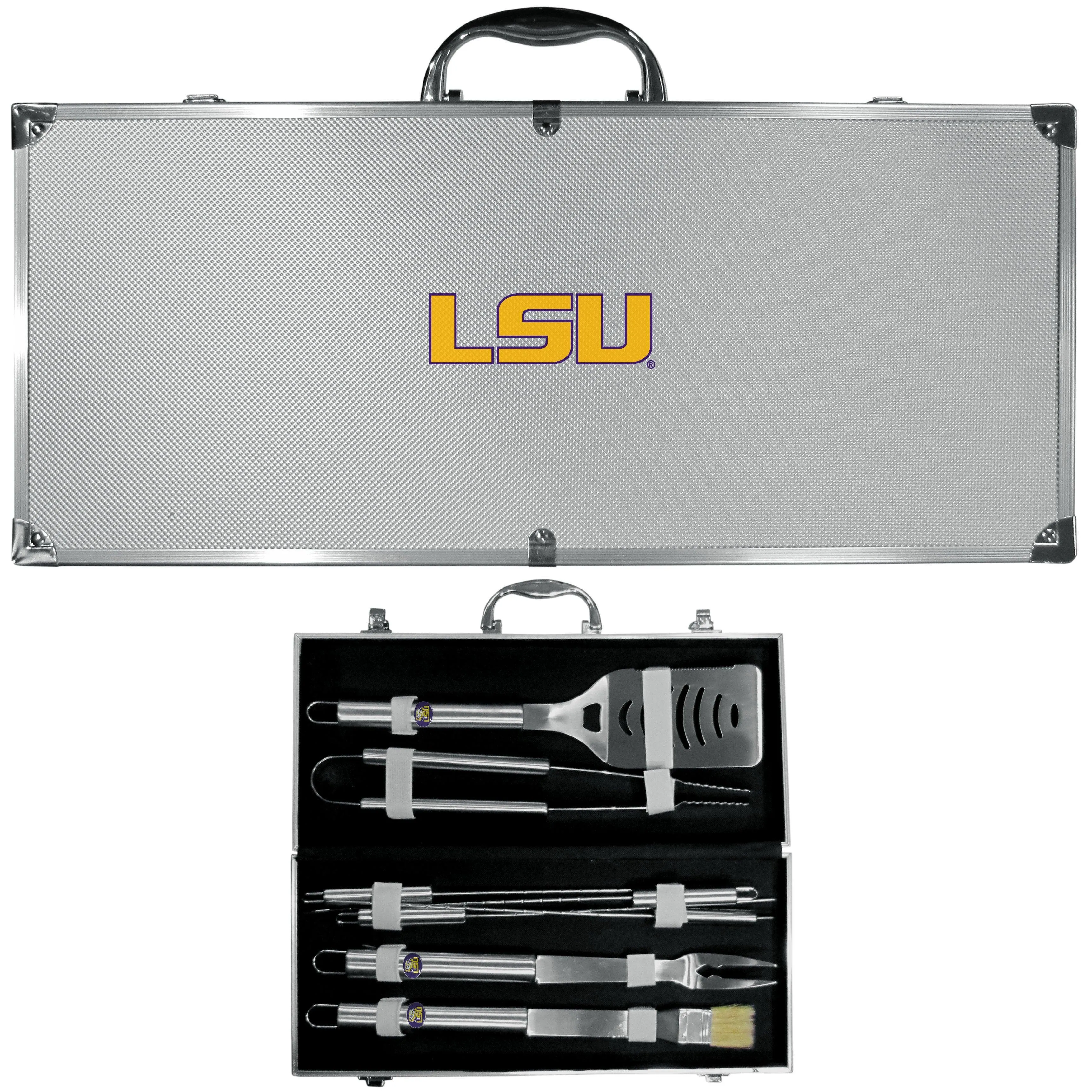 LSU Tigers 8 pc Stainless Steel BBQ Set with Metal Case