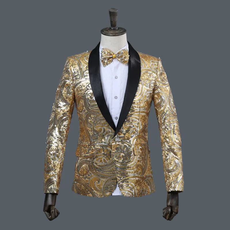 Mens Sequin Paisley Suit Jacket with Matching Bow Tie