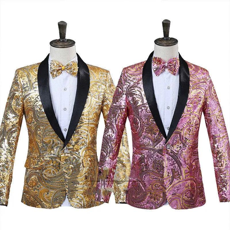 Mens Sequin Paisley Suit Jacket with Matching Bow Tie