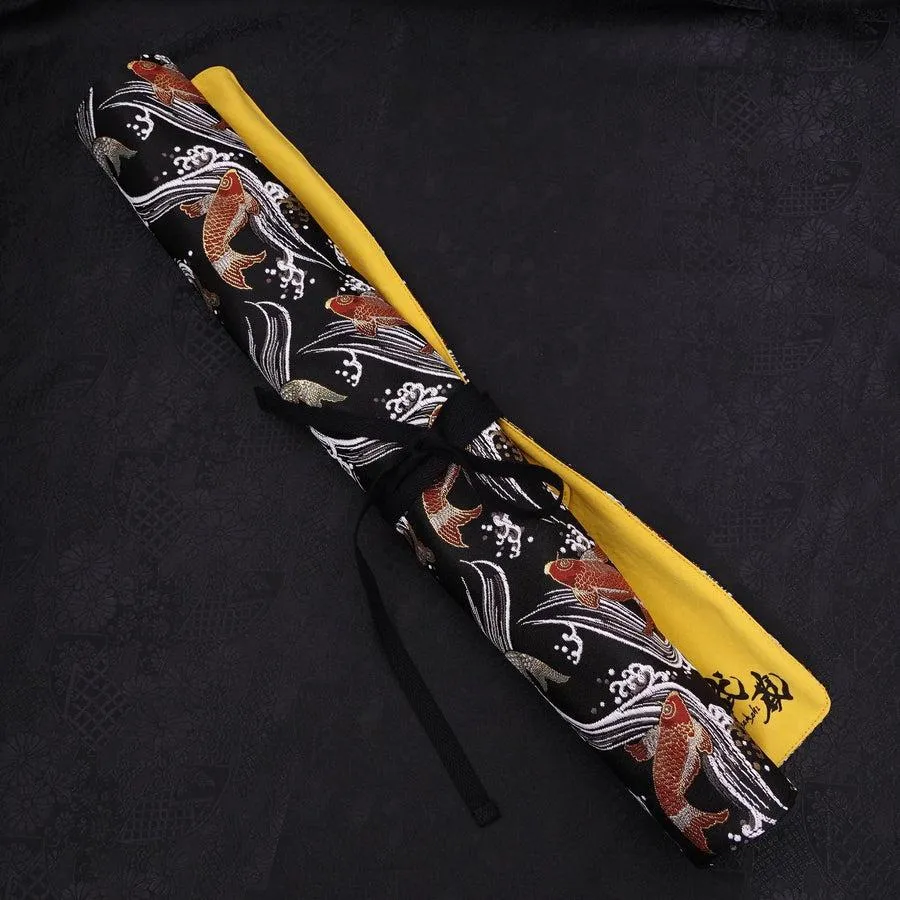 Musashi Japanese Style Kitchen Knife Roll Koi-Black 4 Pockets Handmade