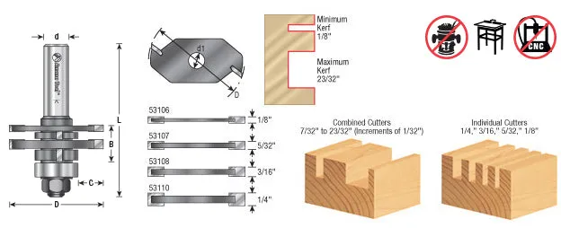 Quadraset Adjustable Slotting Assembly Router Bit Set | 1 7⁄8 Dia x 1⁄8-23⁄32 x 1⁄2" Shank | 53600 | 738685936009