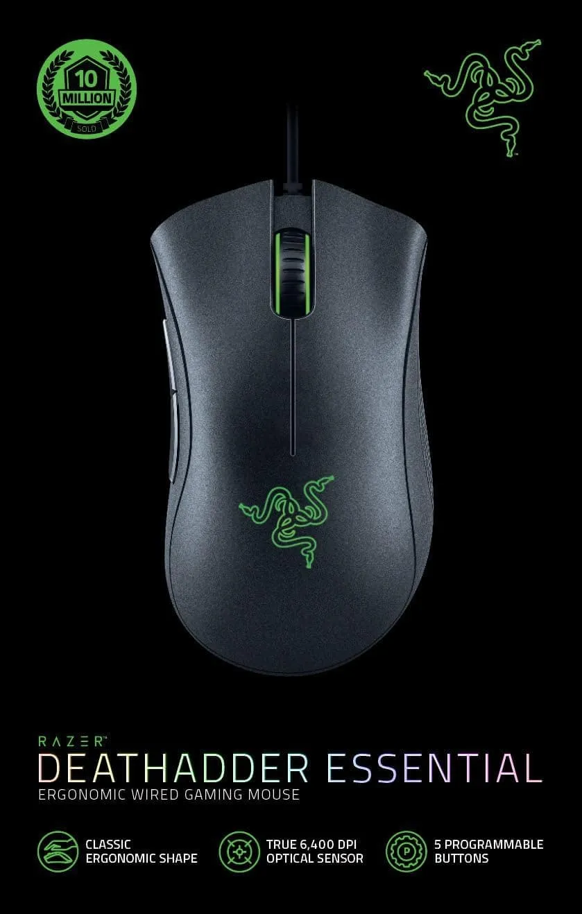 Razer DeathAdder Essential (2021) Wired Gaming Mouse - Optical Sensor, 6400 DPI, 5 Programmable Buttons, Ergonomic Design, Black