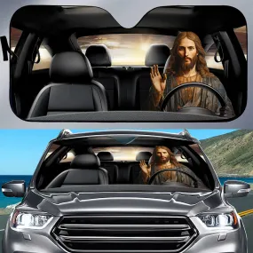 Teesdily | Jesus Car Driving Windshield Sun Shade Jesus Christ Car Background Car Shade Front Windshield Christian Funny Car Decor Window Shade Front