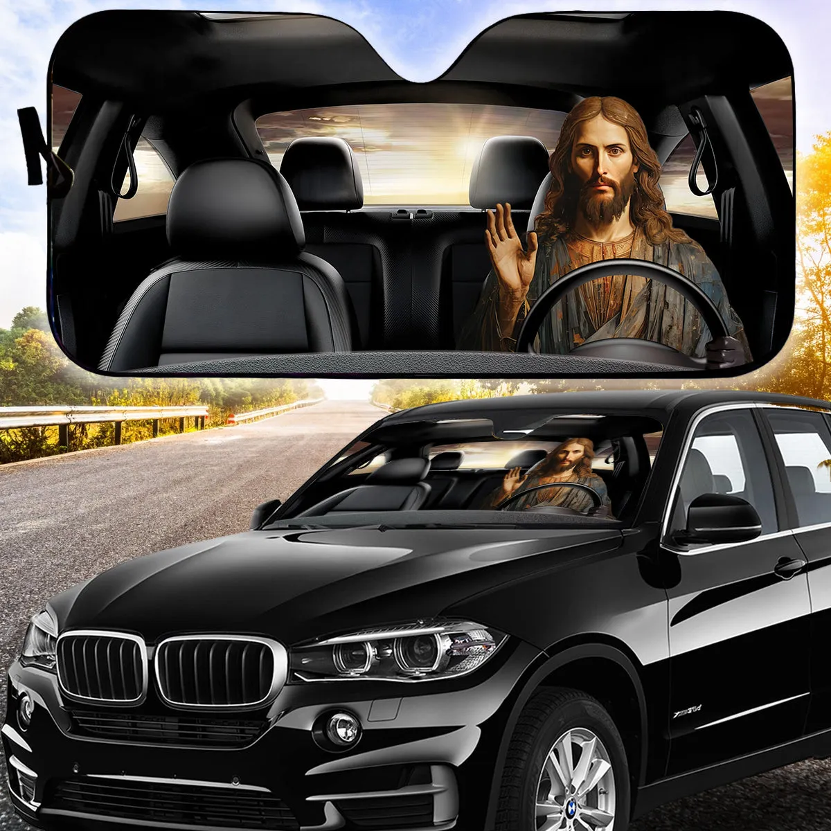 Teesdily | Jesus Car Driving Windshield Sun Shade Jesus Christ Car Background Car Shade Front Windshield Christian Funny Car Decor Window Shade Front