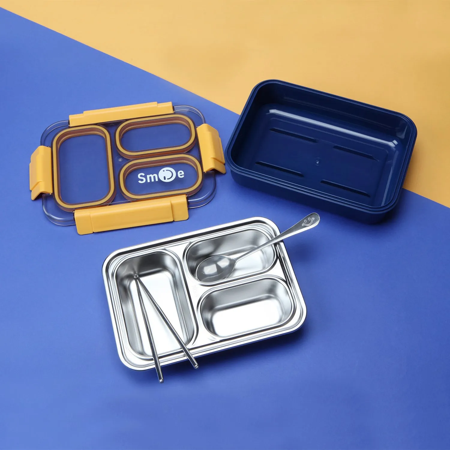 TRIPLE COMPARTMENT LUNCH BOX - YELLOW & DARK BLUE