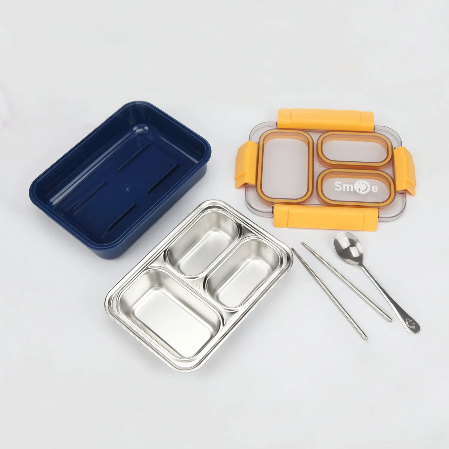 TRIPLE COMPARTMENT LUNCH BOX - YELLOW & DARK BLUE