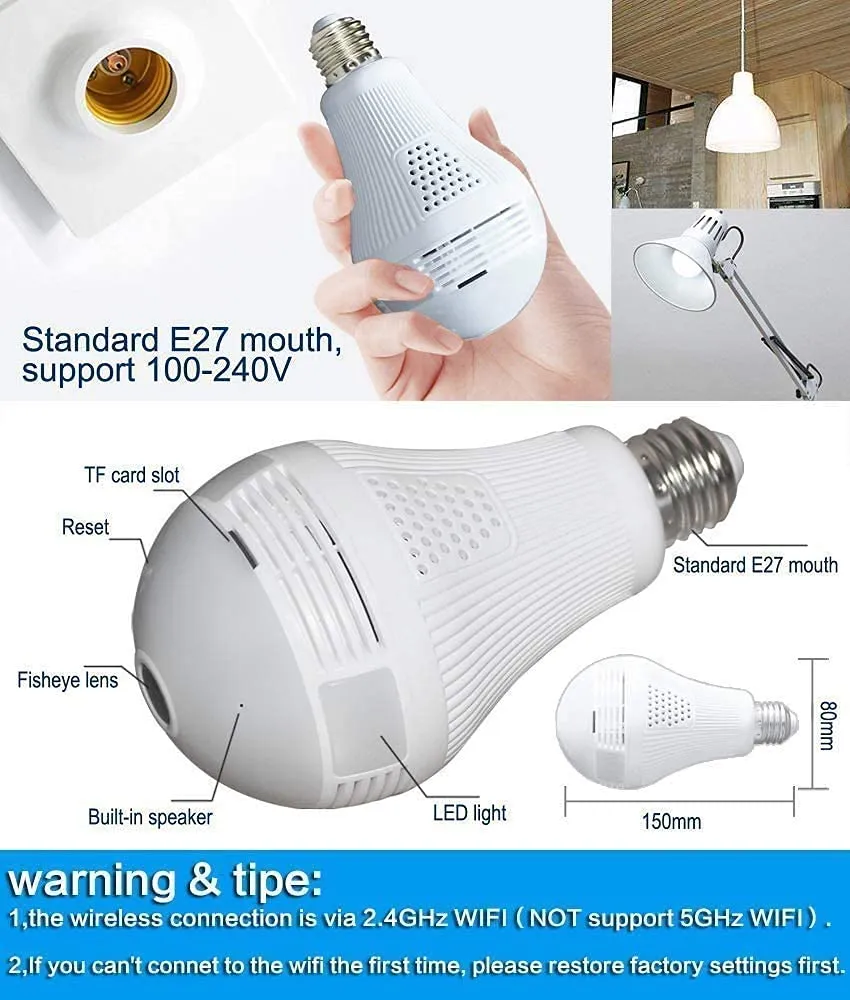 Ultra HD 960p Wifi Camera Bulb Wireless, WiFi Security Camera, Full HD Video And Audio Recording, 360 Degrees Panoramic View for Home, Office, Surveillance, Live View/Motion Detection/Light Vision