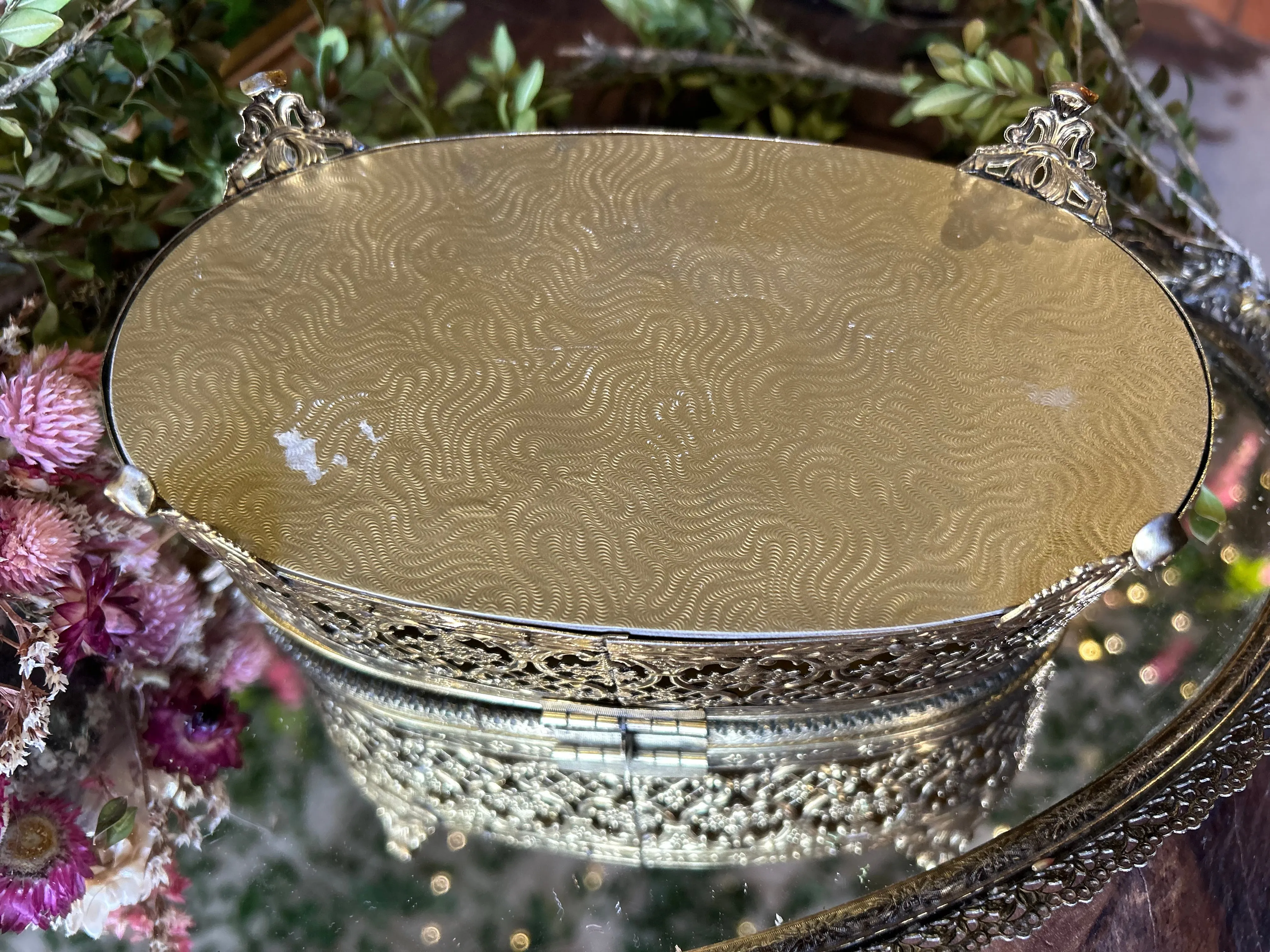 Vintage Floral Dogwood Filigree on Glass Jewelry Casket