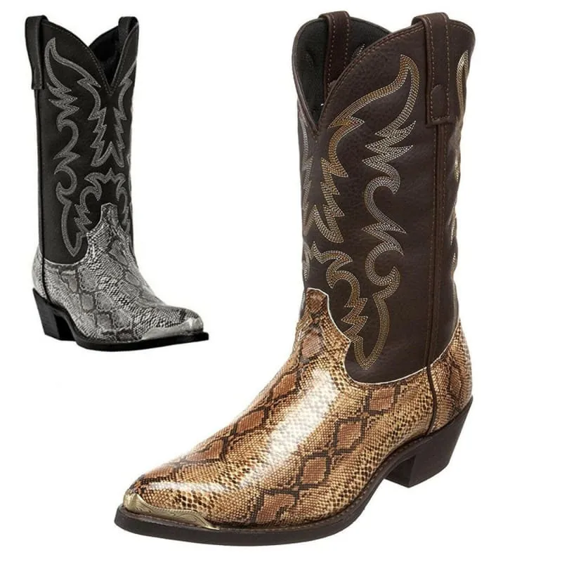 Western Cowboy Boots with Snake Pattern and Iron Toe Cap