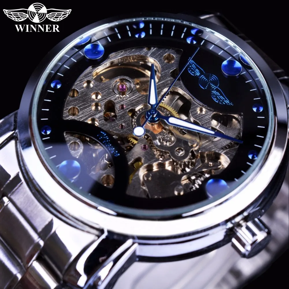 Winner Blue Ocean Fashion Casual Designer Stainless Steel Men Skeleton Watch