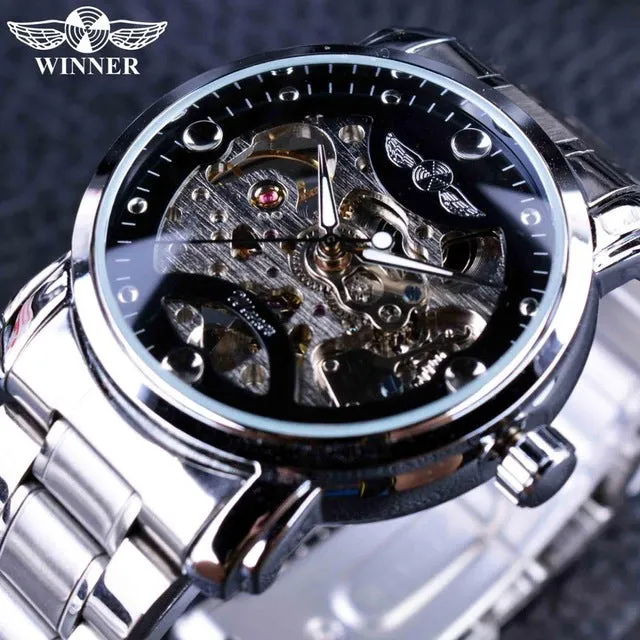 Winner Blue Ocean Fashion Casual Designer Stainless Steel Men Skeleton Watch