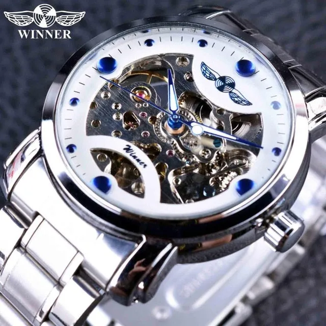 Winner Blue Ocean Fashion Casual Designer Stainless Steel Men Skeleton Watch