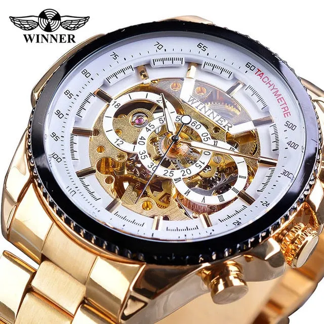 Winner Sport Design Bezel Golden Steampunk Automatic Skeleton Watch