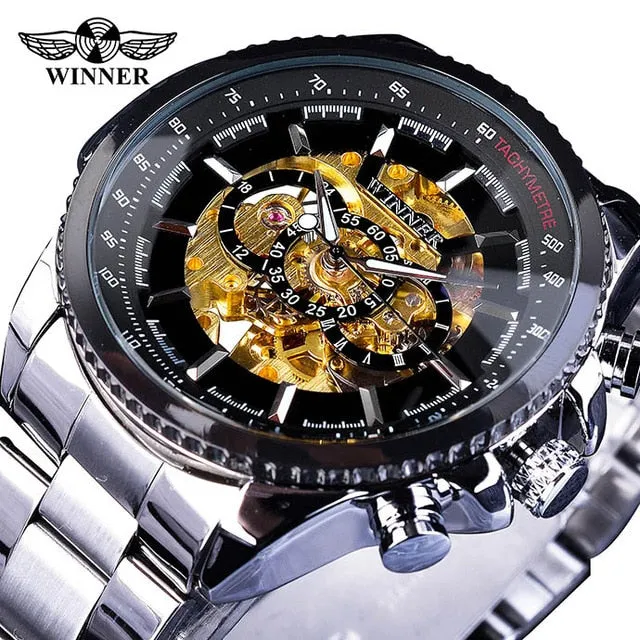 Winner Sport Design Bezel Golden Steampunk Automatic Skeleton Watch