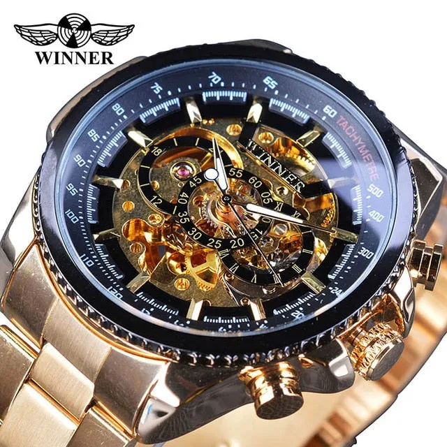 Winner Sport Design Bezel Golden Steampunk Automatic Skeleton Watch