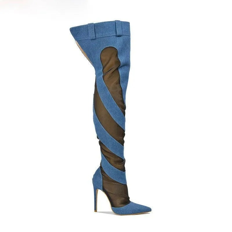 Womens Sexy Fashion Denim Mesh Patchwork Thigh High Boots