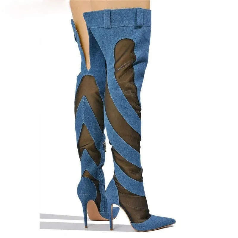 Womens Sexy Fashion Denim Mesh Patchwork Thigh High Boots