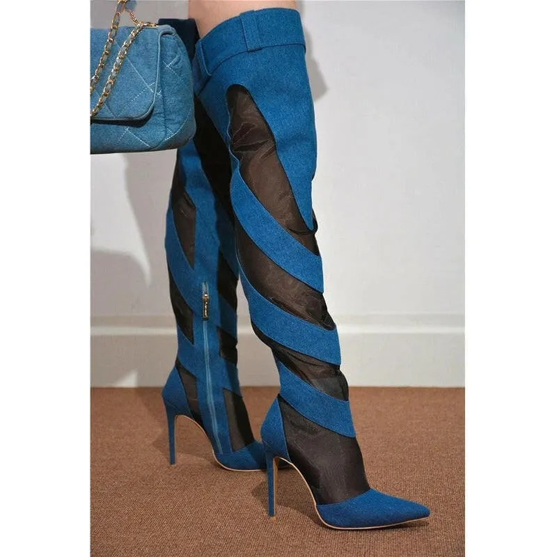 Womens Sexy Fashion Denim Mesh Patchwork Thigh High Boots